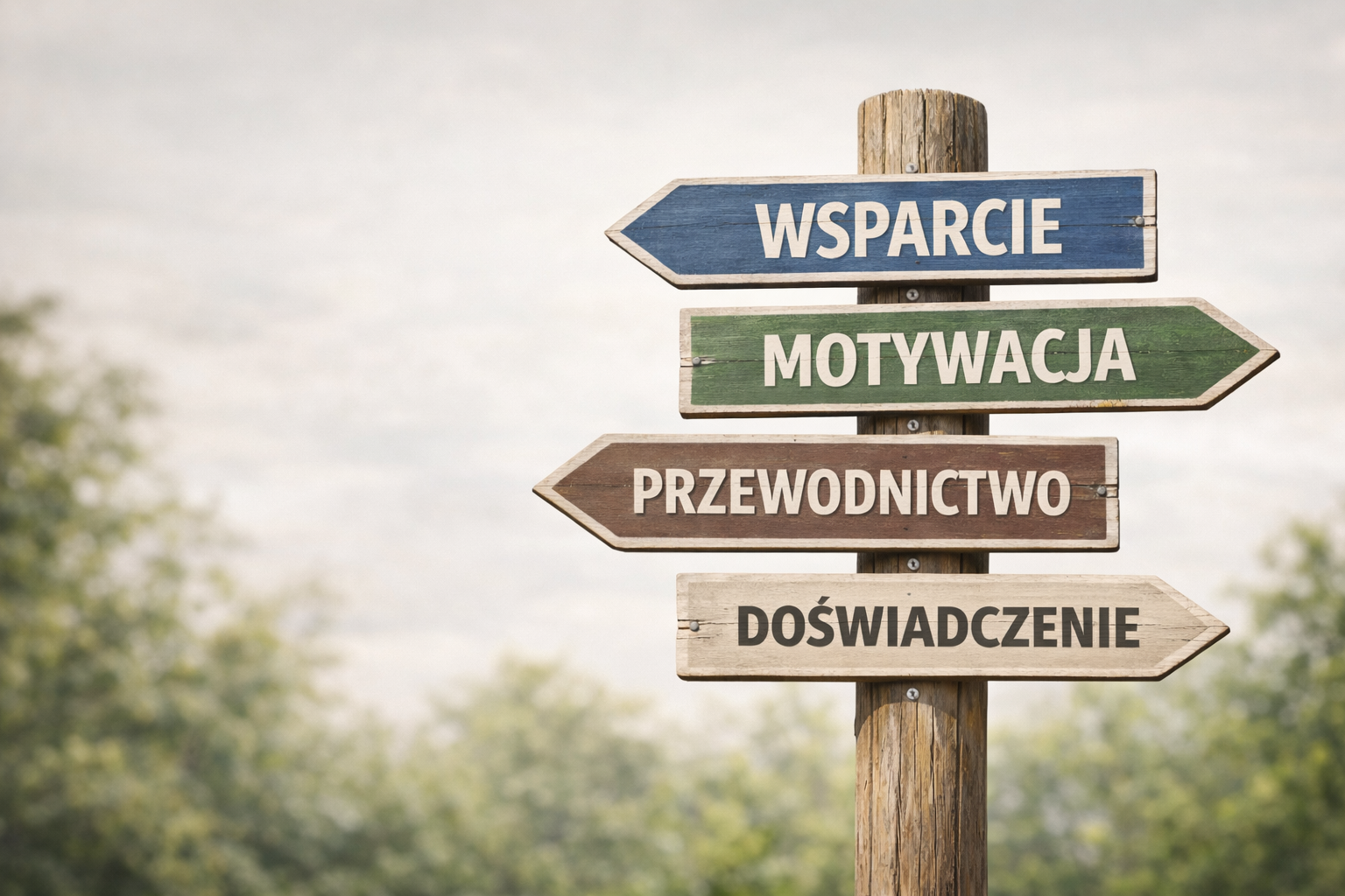 Zdjęcie przedstawia drewniany drogowskaz z kilkoma tabliczkami, na których są napisy (od góry): wsparcie, motywacja, przewodnictwo, doświadczenie.